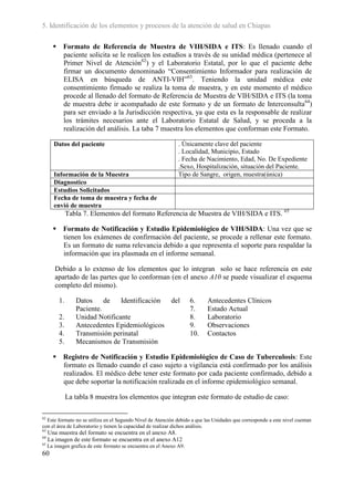 5. Identificación de los elementos y procesos de la atención de salud en Chiapas

        Formato de Referencia de Muestra de VIH/SIDA e ITS: Es llenado cuando el
         paciente solicita se le realicen los estudios a través de su unidad médica (pertenece al
         Primer Nivel de Atención62) y el Laboratorio Estatal, por lo que el paciente debe
         firmar un documento denominado “Consentimiento Informador para realización de
         ELISA en búsqueda de ANTI-VIH”63. Teniendo la unidad médica este
         consentimiento firmado se realiza la toma de muestra, y en este momento el médico
         procede al llenado del formato de Referencia de Muestra de VIH/SIDA e ITS (la toma
         de muestra debe ir acompañado de este formato y de un formato de Interconsulta64)
         para ser enviado a la Jurisdicción respectiva, ya que esta es la responsable de realizar
         los trámites necesarios ante el Laboratorio Estatal de Salud, y se proceda a la
         realización del análisis. La taba 7 muestra los elementos que conforman este Formato.

        Datos del paciente                                      . Únicamente clave del paciente
                                                                . Localidad, Municipio, Estado
                                                                . Fecha de Nacimiento, Edad, No. De Expediente
                                                                .Sexo, Hospitalización, situación del Paciente.
        Información de la Muestra                               Tipo de Sangre, origen, muestra(única)
        Diagnostico
        Estudios Solicitados
        Fecha de toma de muestra y fecha de
        envió de muestra
               Tabla 7. Elementos del formato Referencia de Muestra de VIH/SIDA e ITS. 65

        Formato de Notificación y Estudio Epidemiológico de VIH/SIDA: Una vez que se
         tienen los exámenes de confirmación del paciente, se procede a rellenar este formato.
         Es un formato de suma relevancia debido a que representa el soporte para respaldar la
         información que ira plasmada en el informe semanal.

        Debido a lo extenso de los elementos que lo integran solo se hace referencia en este
        apartado de las partes que lo conforman (en el anexo A10 se puede visualizar el esquema
        completo del mismo).

          1.      Datos     de   Identificación del                   6.    Antecedentes Clínicos
                  Paciente.                                           7.    Estado Actual
          2.      Unidad Notificante                                  8.    Laboratorio
          3.      Antecedentes Epidemiológicos                        9.    Observaciones
          4.      Transmisión perinatal                               10.   Contactos
          5.      Mecanismos de Transmisión

        Registro de Notificación y Estudio Epidemiológico de Caso de Tuberculosis: Este
         formato es llenado cuando el caso sujeto a vigilancia está confirmado por los análisis
         realizados. El médico debe tener este formato por cada paciente confirmado, debido a
         que debe soportar la notificación realizada en el informe epidemiológico semanal.

               La tabla 8 muestra los elementos que integran este formato de estudio de caso:

62
  Este formato no se utiliza en el Segundo Nivel de Atención debido a que las Unidades que corresponde a este nivel cuentan
con el área de Laboratorio y tienen la capacidad de realizar dichos análisis.
63
     Una muestra del formato se encuentra en el anexo A8.
64
     La imagen de este formato se encuentra en el anexo A12
65
     La imagen grafica de este formato se encuentra en el Anexo A9.
60
 
