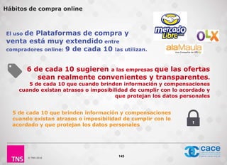 © TNS 2016
El uso de Plataformas de compra y
venta está muy extendido entre
compradores online: 9 de cada 10 las utilizan.
145
6 de cada 10 sugieren a las empresas que las ofertas
sean realmente convenientes y transparentes.
5 de cada 10 que cuando brinden información y compensaciones
cuando existan atrasos o imposibilidad de cumplir con lo acordado y
que protejan los datos personales
5 de cada 10 que brinden información y compensaciones
cuando existan atrasos o imposibilidad de cumplir con lo
acordado y que protejan los datos personales
Hábitos de compra online
 