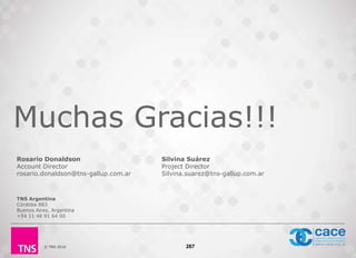© TNS 2016
Muchas Gracias!!!
Rosario Donaldson
Account Director
rosario.donaldson@tns-gallup.com.ar
Silvina Suárez
Project Director
Silvina.suarez@tns-gallup.com.ar
TNS Argentina
Córdoba 883
Buenos Aires, Argentina
+54 11 48 91 64 00
267
 