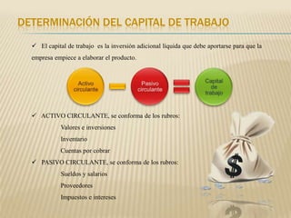 DETERMINACIÓN DEL CAPITAL DE TRABAJO
   El capital de trabajo es la inversión adicional líquida que debe aportarse para que la
  empresa empiece a elaborar el producto.




   ACTIVO CIRCULANTE, se conforma de los rubros:
             Valores e inversiones
             Inventario
             Cuentas por cobrar
   PASIVO CIRCULANTE, se conforma de los rubros:
             Sueldos y salarios
             Proveedores
             Impuestos e intereses
 