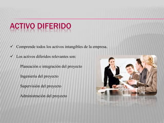 ACTIVO DIFERIDO

 Comprende todos los activos intangibles de la empresa.

 Los activos diferidos relevantes son:

      Planeación e integración del proyecto

      Ingeniería del proyecto

      Supervisión del proyecto

     Administración del proyecto
 