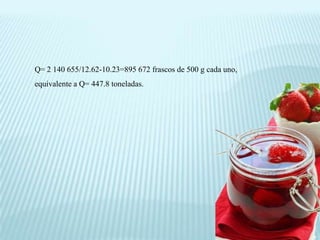 Q= 2 140 655/12.62-10.23=895 672 frascos de 500 g cada uno,
equivalente a Q= 447.8 toneladas.
 