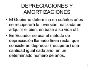 DEPRECIACIONES Y
         AMORTIZACIONES
• El Gobierno determina en cuántos años
  se recuperará la inversión realizada en
  adquirir el bien, en base a su vida útil.
• En Ecuador se usa el método de
  depreciación llamado línea recta, que
  consiste en depreciar (recuperar) una
  cantidad igual cada año, en un
  determinado número de años.

                                              12
 