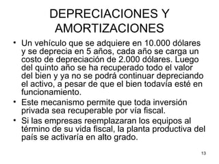 DEPRECIACIONES Y
           AMORTIZACIONES
• Un vehículo que se adquiere en 10.000 dólares
  y se deprecia en 5 años, cada año se carga un
  costo de depreciación de 2.000 dólares. Luego
  del quinto año se ha recuperado todo el valor
  del bien y ya no se podrá continuar depreciando
  el activo, a pesar de que el bien todavía esté en
  funcionamiento.
• Este mecanismo permite que toda inversión
  privada sea recuperable por vía fiscal.
• Si las empresas reemplazaran los equipos al
  término de su vida fiscal, la planta productiva del
  país se activaría en alto grado.
                                                   13
 