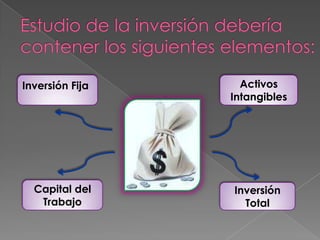 Estudio de la inversión debería contener los siguientes elementos: Inversión Fija Activos IntangiblesCapital del TrabajoInversión Total