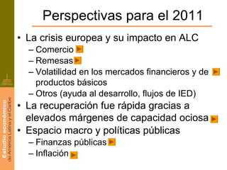 Perspectivas para el 2011
• La crisis europea y su impacto en ALC
  – Comercio
  – Remesas
  – Volatilidad en los mercados financieros y de
    productos básicos
  – Otros (ayuda al desarrollo, flujos de IED)
• La recuperación fue rápida gracias a
  elevados márgenes de capacidad ociosa
• Espacio macro y políticas públicas
  – Finanzas públicas
  – Inflación
 