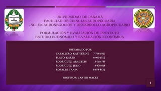 UNIVERSIDAD DE PANAMÁ
FACULTAD DE CIENCIAS AGROPECUARIA
ING. EN AGRONEGOCIOS Y DESARROLLO AGROPECUARIO
FORMULACIÓN Y EVALUACIÓN DE PROYECTO
ESTUDIO ECONÓMICO Y EVALUACIÓN ECONÓMICA
PREPARADO POR:
CABALLERO, KATHERINE 7-708-1920
FLACO, KAREN 8-900-1512
RODRÍGUEZ, ARACELIS 3-710-789
RODRÍGUEZ, JULIO 8-878-818
ROSALES, TANIA 8-879-843|
PROFESOR: JAVIER MACRE
1
 