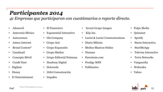 PwC
Empresas Estimadas
Empresas que no participaron por cuestionario pero que fueron valoradas por el
Subcomité de Estimación de IAB México.*
* Se estimaron a través de fuentes secundarias, cifras internacionales y el desarrollo de modelos econométricos que permitieron
valorar su participación en el mercado mexicano.
Facebook Google Reforma TwitterESPN
12
 