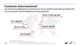 PwC
Inversión Publicitaria en Internet 2014 en EUA*
* Cifras de Inversión Publicitaria expresadas en $USD Billions (Miles de Millones)
Fuente: Internet Ad Revenue Report 2014. IAB US/PwC 27
 