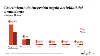 PwC
Conclusiones
•  La inversión Publicitaria en Internet en México continúa con un acelerado desarrollo a
doble dígito, este año con un 32% de crecimiento.
•  El  crecimiento en los últimos 10 años refleja una industria fuerte y  consolidada,
destacando respecto a la evolución de otras industrias o plataformas publicitarias en
nuestro país.
•  La Publicidad Digital en México tiene un potencial de crecimiento muy relevante para
los próximos años, conforme al crecimiento y participación que tiene en otros
mercados internacionales. 
•  El surgimiento y masificación de los dispositivos móviles y su uso como punto de
contacto para mensajes publicitarios se ha convertido en un fuerte catalizador para la
industria, tendencia que seguirá fortaleciéndose tomando como ejemplo el panorama
internacional.
55
 