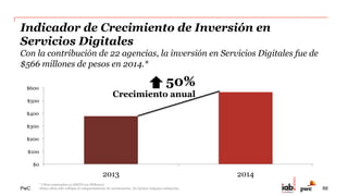 PwC
Inversión en Servicios Digitales
3
Análisis por tipo de Servicios
Digitales
*Únicamente en base a información de
participantes vía cuestionario en 2014 por lo
que se reportan datos exactos sin estimaciones.
No incluye Servicios de Agencias de Medios.
66
 