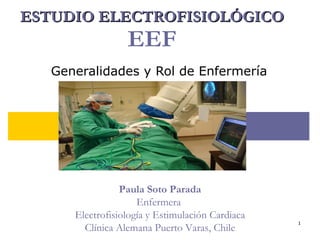 ESTUDIO ELECTROFISIOLÓGICO EEF Generalidades y Rol de Enfermería Paula Soto Parada Enfermera  Electrofisiología y Estimulación Cardiaca Clínica Alemana Puerto Varas, Chile 
