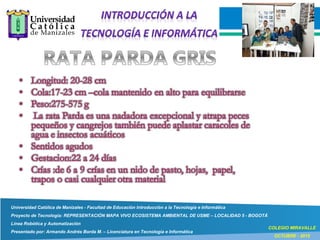 Universidad Católica de Manizales - Facultad de Educación Introducción a la Tecnología e Informática
Proyecto de Tecnología: REPRESENTACIÓN MAPA VIVO ECOSISTEMA AMBIENTAL DE USME – LOCALIDAD 5 - BOGOTÁ
Línea Robótica y Automatización
Presentado por: Armando Andrés Borda M. – Licenciatura en Tecnología e Informática
COLEGIO MIRAVALLE
OCTUBRE - 2015
 