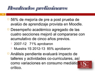Resultados preliminares
14


        56% de mejoría de pre a post prueba de
         avalúo de aprendizaje provista en Moodle.
        Desempeño académico agregado de las
         cuatro secciones mejoró al compararse con
         acumulativo de cinco años previos.
            2007-12 71% aprobaron
            Muestra 1S 2012-13 85% aprobaron
        Análisis pendiente evaluará impacto de
         talleres y actividades co-curriculares, así
         como variaciones en consumo mediático
         crítico.
 