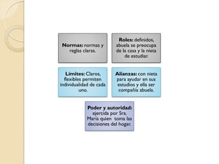 Roles: definidos,
Normas: normas y          abuela se preocupa
  reglas claras.          de la casa y la nieta
                              de estudiar.


   Límites: Claros,       Alianzas: con nieta
  flexibles permiten      para ayudar en sus
individualidad de cada     estudios y ella ser
          uno.             compañía abuela.


             Poder y autoridad:
               ejercida por Sra.
             María quien toma las
             decisiones del hogar.
 