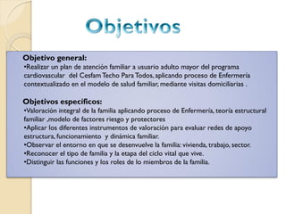 Objetivo general:
•Realizar un plan de atención familiar a usuario adulto mayor del programa
cardiovascular del Cesfam Techo Para Todos, aplicando proceso de Enfermería
contextualizado en el modelo de salud familiar, mediante visitas domiciliarias .

Objetivos específicos:
•Valoración integral de la familia aplicando proceso de Enfermería, teoría estructural
familiar ,modelo de factores riesgo y protectores
•Aplicar los diferentes instrumentos de valoración para evaluar redes de apoyo
estructura, funcionamiento y dinámica familiar.
•Observar el entorno en que se desenvuelve la familia: vivienda, trabajo, sector.
•Reconocer el tipo de familia y la etapa del ciclo vital que vive.
•Distinguir las funciones y los roles de lo miembros de la familia.
 