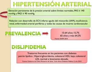 Elevación persistente de la presión arterial sobre límites normales, PAS ≥ 140
mmHg y PAD ≥ 90 mmHg.


Relación con desarrollo de ECV, infarto agudo del miocardio (IAM), insuficiencia
renal, enfermedad arterial periférica y todas las causas de muerte cardiovascular.


                                                                        15-64 años: 15,7%
                                                                       65 años y más: 64,3%
                                                               Fuente: IAAPS 2010




                    Trastorno frecuente en los pacientes con diabetes
          patrón lipídico : Hipertrigliceridemia, colesterol HDL bajo, colesterol
                             LDL normal o levemente elevado.
              Fuente: Gobierno de Chile, Ministerio de Salud, Guía clínica Diabetes Mellitus 2, año 2010
 