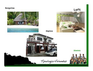 Bungalow 
                                   Loft 




               Dúplex 




                                   Jóvenes 




            Tipologia-Viviendas!
 