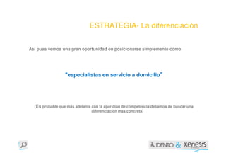 ESTRATEGIA- La diferenciación

Así pues vemos una gran oportunidad en posicionarse simplemente como




                 “especialistas en servicio a domicilio”
                                                       ”




  (Es probable que más adelante con la aparición de competencia debamos de buscar una
                               diferenciación mas concreta)
 