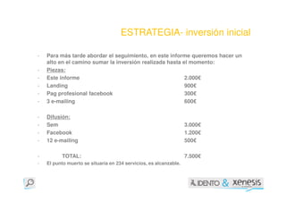 ESTRATEGIA- inversión inicial

-   Para más tarde abordar el seguimiento, en este informe queremos hacer un
    alto en el camino sumar la inversión realizada hasta el momento:
-   Piezas:
-   Este informe                                          2.000€
-   Landing                                               900€
-   Pag profesional facebook                              300€
-   3 e-mailing                                           600€

-   Difusión:
-   Sem                                                            3.000€
-   Facebook                                                       1.200€
-   12 e-mailing                                                   500€

-         TOTAL:                                                   7.500€
-   El punto muerto se situaría en 234 servicios, es alcanzable.
 