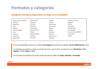 Formatos y categorías
       Categorías temáticas disponibles en Adpv en la actualidad

             Adolescentes NEW!       Electrónica                 Juegos                     Entretenimiento
             Adultos                 Empresa                     Libros                     Regalos
             Apuestas                Eventos                     Marketing                  Salud
             Arte                    Finanzas                    Mascotas                   Sociedad
             Belleza                 Fotografía                  Moda                       Solidaridad
             Ciencia NEW!            Gastronomía                 Motor                      Tecnología
             Cine                    Hogar                       Móviles                    Tercera edad NEW!
             Cultura                 Humor NEW!                  Música                     Televisión
             Deportes                Infantil                    Naturaleza                 Viajes
             Educación               Internet                    Noticias



             En la actualidad Adpv cuenta con un total de 39 categorías temáticas que engloban más de 2.800 Soportes online.

             Las temáticas que más han crecido en número de zonas, y por lo tanto, en relevancia, son: Marketing (+194%,
             Regalos (+178%), Moda (+148%).

             Por otro lado, las temáticas con mayor número de zonas en Adpv son Juegos, Deportes y Tecnología.


01/06/2011
 