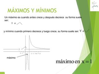 MÁXIMOS Y MÍNIMOS
o
o
Un máximo es cuando antes crece y después decrece su forma suele
ser:
y mínimo cuando primero decrece y luego crece, su forma suele ser:
máximo
1en xmáximo 
 