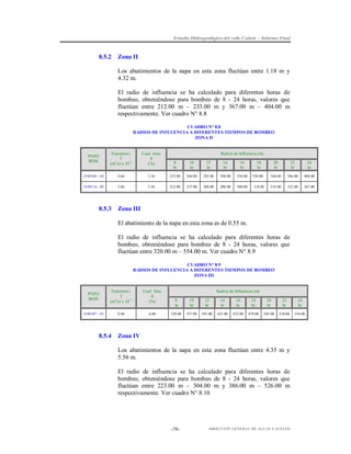 Estudio Hidrogeológico del valle Cañete – Informe Final

8.5.2

Zona II
Los abatimientos de la napa en esta zona fluctúan entre 1.18 m y
4.32 m.
El radio de influencia se ha calculado para diferentes horas de
bombeo, obteniéndose para bombeo de 8 - 24 horas, valores que
fluctúan entre 212.00 m – 233.00 m y 367.00 m – 404.00 m
respectivamente. Ver cuadro N° 8.8
CUADRO N° 8.8
RADIOS DE INFLUENCIA A DIFERENTES TIEMPOS DE BOMBEO
ZONA II

POZO
IRHS

Transmisiv.
T
(m2/s) x 102

Coef. Alm.
S
(%)

15/05/04 – 03

4.66

15/05/14 –20

3.86

8.5.3

Radios de Influencia (m)
8
hr

10
hr

12
hr

14
hr

16
hr

5.56

233.00

260.00

285.00

308.00

330.00

5.56

212.00

237.00

260.00

280.00

300.00

18
hr

20
hr

318.00

24
hr

368.00

350.00

22
hr
386.00

404.00

335.00

352.00

367.00

Zona III
El abatimiento de la napa en esta zona es de 0.55 m.
El radio de influencia se ha calculado para diferentes horas de
bombeo, obteniéndose para bombeo de 8 - 24 horas, valores que
fluctúan entre 320.00 m – 554.00 m. Ver cuadro N° 8.9
CUADRO N° 8.9
RADIOS DE INFLUENCIA A DIFERENTES TIEMPOS DE BOMBEO
ZONA III

POZO
IRHS

Transmisiv.
T
(m2/s) x 102

Coef. Alm.
S
(%)

15/05/07 – 01

9.46

6.00

8.5.4

Radios de Influencia (m)
8
hr

10
hr

12
hr

14
hr

16
hr

18
hr

20
hr

22
hr

24
hr

320.00

357.00

391.00

423.00

452.00

479.00

505.00

530.00

554.00

Zona IV
Los abatimientos de la napa en esta zona fluctúan entre 4.35 m y
5.56 m.
El radio de influencia se ha calculado para diferentes horas de
bombeo, obteniéndose para bombeo de 8 - 24 horas, valores que
fluctúan entre 223.00 m – 304.00 m y 386.00 m – 526.00 m
respectivamente. Ver cuadro N° 8.10

-79-

DIRECCIÓN GENERAL DE AGUAS Y SUELOS

 