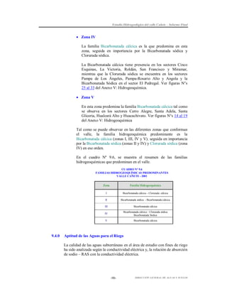 Estudio Hidrogeológico del valle Cañete – Informe Final

 Zona IV
La familia Bicarbonatada cálcica es la que predomina en esta
zona, seguida en importancia por la Bicarbonatada sódica y
Clorurada sódica.
La Bicarbonatada cálcica tiene presencia en los sectores Cinco
Esquinas, La Victoria, Roldán, San Francisco y Miramar,
mientras que la Clorurada sódica se encuentra en los sectores
Pampa de Los Ángeles, Pampa-Rosario Alto y Angola y la
Bicarbonatada Sódica en el sector El Pedregal. Ver figuras N°s
25 al 33 del Anexo V: Hidrogeoquímica.
 Zona V
En esta zona predomina la familia Bicarbonatada cálcica tal como
se observa en los sectores Cerro Alegre, Santa Adela, Santa
Gliceria, Hualcará Alto y Huacachivato. Ver figuras N°s 14 al 19
del Anexo V: Hidrogeoquímica
Tal como se puede observar en las diferentes zonas que conforman
el valle, la familia hidrogeoquímica predominante es la
Bicarbonatada cálcica (zonas I, III, IV y V), seguida en importancia
por la Bicarbonatada sódica (zonas II y IV) y Clorurada sódica (zona
IV) en ese orden.
En el cuadro Nº 9.6, se muestra el resumen de las familias
hidrogeoquímicas que predominan en el valle.
CUADRO N° 9.6
FAMILIAS HIDROGEOQUÍMICAS PREDOMINANTES
VALLE CAÑETE - 2001

Zona
I

Bicarbonatada cálcica – Clorurada cálcica

II

Bicarbonatada sódica - Bicarbonatada cálcica

III

Bicarbonatada cálcica

IV

Bicarbonatada cálcica – Clorurada sódica
Bicarbonatada Sódica

V

9.4.0

Familia Hidrogeoquímica

Bicarbonatada cálcica

Aptitud de las Aguas para el Riego
La calidad de las aguas subterráneas en el área de estudio con fines de riego
ha sido analizada según la conductividad eléctrica y, la relación de absorción
de sodio – RAS con la conductividad eléctrica.

-90-

DIRECCIÓN GENERAL DE AGUAS Y SUELOS

 