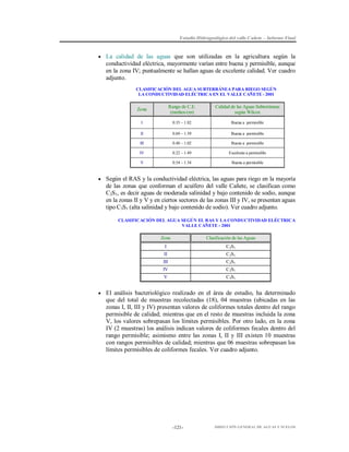 Estudio Hidrogeológico del valle Cañete – Informe Final

 La calidad de las aguas que son utilizadas en la agricultura según la

conductividad eléctrica, mayormente varían entre buena y permisible, aunque
en la zona IV; puntualmente se hallan aguas de excelente calidad. Ver cuadro
adjunto.
CLASIFICACIÓN DEL AGUA SUBTERRÁNEA PARA RIEGO SEGÚN
LA CONDUCTIVIDAD ELÉCTRICA EN EL VALLE CAÑETE - 2001

Zona

Rango de C.E.
(mmhos/cm)

Calidad de las Aguas Subterráneas
según Wilcox

I

0.35 – 1.82

Buena a permisible

II

0.69 – 1.59

Buena a permisible

III

0.48 – 1.02

Buena a permisible

IV

0.22 – 1.49

Excelente a permisible

V

0.54 – 1.34

Buena a permisible

 Según el RAS y la conductividad eléctrica, las aguas para riego en la mayoría

de las zonas que conforman el acuífero del valle Cañete, se clasifican como
C2S1, es decir aguas de moderada salinidad y bajo contenido de sodio, aunque
en la zonas II y V y en ciertos sectores de las zonas III y IV, se presentan aguas
tipo C3S1 (alta salinidad y bajo contenido de sodio). Ver cuadro adjunto.
CLASIFICACIÓN DEL AGUA SEGÚN EL RAS Y LA CONDUCTIVIDAD ELÉCTRICA
VALLE CAÑETE - 2001

Zona

Clasificación de las Aguas

I

C 2S1

II

C 3S1

III

C 2S1

IV

C 2S1

V

C 3S1

 El análisis bacteriológico realizado en el área de estudio, ha determinado

que del total de muestras recolectadas (18), 04 muestras (ubicadas en las
zonas I, II, III y IV) presentan valores de coliformes totales dentro del rango
permisible de calidad; mientras que en el resto de muestras incluida la zona
V, los valores sobrepasan los límites permisibles. Por otro lado, en la zona
IV (2 muestras) los análisis indican valores de coliformes fecales dentro del
rango permisible; asimismo entre las zonas I, II y III existen 10 muestras
con rangos permisibles de calidad; mientras que 06 muestras sobrepasan los
límites permisibles de coliformes fecales. Ver cuadro adjunto.

-121-

DIRECCIÓN GENERAL DE AGUAS Y SUELOS

 