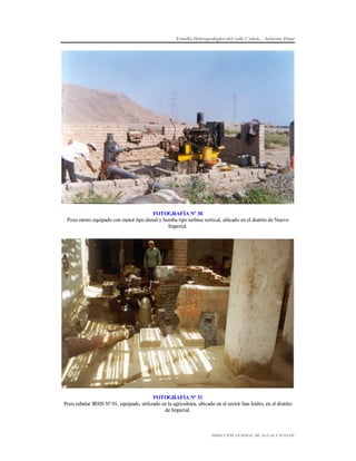 Estudio Hidrogeológico del valle Cañete – Informe Final

FOTOGRAFÍA Nº 30
Pozo mixto equipado con motor tipo diesel y bomba tipo turbina vertical, ubicado en el distrito de Nuevo
Imperial.

FOTOGRAFÍA Nº 31
Pozo tubular IRHS Nº 01, equipado, utilizado en la agricultura, ubicado en el sector San Isidro, en el distrito
de Imperial.

DIRECCIÓN GENERAL DE AGUAS Y SUELOS

 