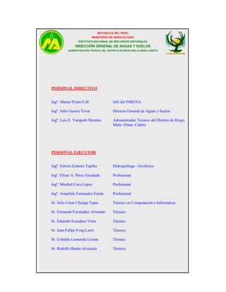 REPÚBLICA DEL PERÚ
MINISTERIO DE AGRICULTURA
INSTITUTO NACIONAL DE RECURSOS NATURALES

DIRECCIÓN GENERAL DE AGUAS Y SUELOS
ADMINISTRACIÓN TÉCNICA DEL DISTRITO DE RIEGO MALA-OMAS-CAÑETE

PERSONAL DIRECTIVO

Ingº. Matías Prieto Celi

Jefe del INRENA

Ingº. Julio Guerra Tovar

Director General de Aguas y Suelos

Ingº. Luis E. Yampufe Morales

Administrador Técnico del Distrito de Riego
Mala- Omas- Cañete

PERSONAL EJECUTOR

Ingº. Edwin Zenteno Tupiño

Hidrogeólogo - Geofísico

Ingº. Elizar A. Pérez Encalada

Profesional

Ingº. Maribel Curo López

Profesional

Ingº. Amarildo Fernandez Estela

Profesional

Sr. Julio César Chunga Tapia

Técnico en Computación e Informática.

Sr. Fernando Fernández Alvarado

Técnico

Sr. Eduardo Escudero Viera

Técnico

Sr. Juan Felipe Fong León

Técnico

Sr. Usbaldo Leonardo Lizana

Técnico

Sr. Rodolfo Bazán Alvarado

Técnico

 