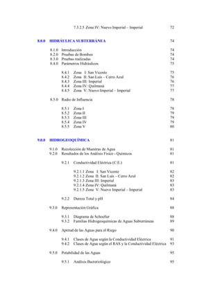 7.3.2.5 Zona IV: Nuevo Imperial – Imperial

8.0.0

72

HIDRÁULICA SUBTERRÁNEA

74

8.1.0
8.2.0
8.3.0
8.4.0

Introducción
Pruebas de Bombeo
Pruebas realizadas
Parámetros Hidráulicos

74
74
74
75

8.4.1
8.4.2
8.4.3
8.4.4
8.4.5

75
76
76
77
77

Zona I: San Vicente
Zona II: San Luis – Cerro Azul
Zona III: Imperial
Zona IV: Quilmaná
Zona V: Nuevo Imperial – Imperial

8.5.0 Radio de Influencia
8.5.1
8.5.2
8.5.3
8.5.4
8.5.5

9.0.0

Zona I
Zona II
Zona III
Zona IV
Zona V

78
78
79
79
79
80

HIDROGEOQUÍMICA

81

9.1.0
9.2.0

Recolección de Muestras de Agua
Resultados de los Análisis Físico - Químicos

81
81

9.2.1

Conductividad Eléctrica (C.E.)

81

9.2.1.1
9.2.1.2
9.2.1.3
9.2.1.4
9.2.1.5

82
82
83
83
83

9.2.2
9.3.0

Zona I: San Vicente
Zona II: San Luis – Cerro Azul
Zona III: Imperial
Zona IV: Quilmaná
Zona V: Nuevo Imperial – Imperial

Dureza Total y pH

84
88

9.3.1
9.3.2
9.4.0

Representación Gráfica

88
89

Diagrama de Schoeller
Familias Hidrogeoquímicas de Aguas Subterráneas

90

9.4.1
9.4.2
9.5.0

Aptitud de las Aguas para el Riego

91
93

Clases de Agua según la Conductividad Eléctrica
Clases de Agua según el RAS y la Conductividad Eléctrica

Potabilidad de las Aguas

95

9.5.1

95

Análisis Bacteriológico

 