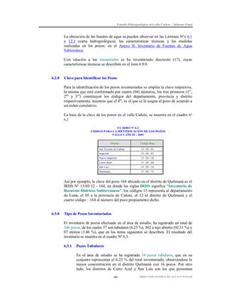 Estudio Hidrogeológico del valle Cañete – Informe Final

La ubicación de las fuentes de agua se pueden observar en las Láminas N°s 6.1
y 12.1 (carta hidrogeológica), las características técnicas y las medidas
realizadas en los pozos; en el Anexo II: Inventario de Fuentes de Agua
Subterránea.
Con relación a los manantiales se ha inventariado diecisiete (17), cuyas
características técnicas se describen en el ítem 6.9.0

6.2.0

Clave para Identificar los Pozos
Para la identificación de los pozos inventariados se emplea la clave respectiva,
la misma que está conformado por cuatro (04) números, los tres primeros (1er,
2do y 3ro) constituyen los códigos del departamento, provincia y distrito
respectivamente, mientras que el 4to, es el que se le asigna al pozo de acuerdo a
un orden correlativo.
La base de la clave de los pozos en el valle Cañete, se muestra en el cuadro Nº
6.2
CUADRO Nº 6.2
CÓDIGO PARA LA IDENTIFICACIÓN DE LOS POZOS
VALLE CAÑETE - 2001
Distrito

Código Base

San Vicente de Cañete

15 / 05 / 01

Imperial

15 / 05 / 07

Nuevo Imperial

15 / 05 / 10

Cerro Azul

15 / 05 / 04

San Luis

15 / 05 / 14

Quilmaná

15 / 05 / 12

Así por ejemplo, la clave del pozo 164 ubicado en el distrito de Quilmaná es el
IRHS N° 15/05/12 - 164, en donde las siglas IRHS significa “Inventario de
Recursos Hídricos Subterráneos”, los códigos 15 representa al departamento
de Lima, el 05 a la provincia de Cañete, el 12 al distrito de Quilmaná y el
cuarto código – 164 al número del pozo propiamente dicho.

6.3.0

Tipo de Pozos Inventariados
El inventario de pozos efectuado en el área de estudio, ha registrado un total de
546 pozos, de los cuales 37 son tubulares (6.23 %), 502 a tajo abierto (92.31 %) y
07 mixtos (1.46 %), que en los ítems siguientes se describen. El resultado del
inventario se muestra en el cuadro Nº 6.3.
6.3.1

Pozos Tubulares
En el área de estudio se ha registrado 34 pozos tubulares, que en su
conjunto representan el 6.23 % del total inventariado, observándose la
mayor concentración en el distrito Quilmaná con 16 pozos. Por otro
lado, los distritos de Cerro Azul y San Luis son los que presentan
-46-

DIRECCIÓN GENERAL DE AGUAS Y SUELOS

 