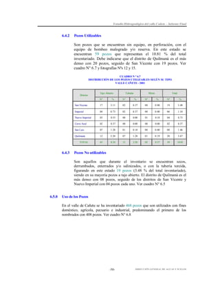 Estudio Hidrogeológico del valle Cañete – Informe Final

6.4.2

Pozos Utilizables

Son pozos que se encuentran sin equipo, en perforación, con el
equipo de bombeo malogrado y/o reserva. En este estado se
encuentran 59 pozos que representan el 10.81 % del total
inventariado. Debe indicarse que el distrito de Quilmaná es el más
denso con 20 pozos, seguido de San Vicente con 19 pozos. Ver
cuadro N° 6.7 y fotografías Nºs 12 y 15.
CUADRO N ° 6.7
DISTRIBUCIÓN DE LOS POZOS UTILIZABLES SEGÚN SU TIPO
VALLE CAÑETE - 2001

Distrito

Tajo Abierto

Tubular

Mixto

Total

N°

%

N°

%

N°

%

N°

%

San Vicente

17

3.11

02

0.37

00

0.00

19

3.48

Imperial

04

0.73

02

0.37

00

0.00

06

1.10

Nuevo Imperial

03

0.55

00

0.00

01

0.18

04

0.73

Cerro Azul

02

0.37

00

0.00

00

0.00

02

0.37

San Luis

07

1.28

01

0.18

00

0.00

08

1.46

Quilmaná

12

2.20

07

1.28

01

0.19

20

3.67

45

8.24

12

2.20

02

0.37

59

10.81

TOTAL

6.4.3

Pozos No utilizables
Son aquellos que durante el inventario se encuentran secos,
derrumbados, enterrados y/o salinizados, o con la tubería torcida,
figurando en este estado 19 pozos (3.48 % del total inventariado),
siendo en su mayoría pozos a tajo abierto. El distrito de Quilmaná es el
más denso con 08 pozos, seguido de los distritos de San Vicente y
Nuevo Imperial con 04 pozos cada uno. Ver cuadro N° 6.5

6.5.0

Uso de los Pozos
En el valle de Cañete se ha inventariado 468 pozos que son utilizados con fines
doméstico, agrícola, pecuario e industrial, predominando el primero de los
nombrados con 408 pozos. Ver cuadro N° 6.8

-50-

DIRECCIÓN GENERAL DE AGUAS Y SUELOS

 
