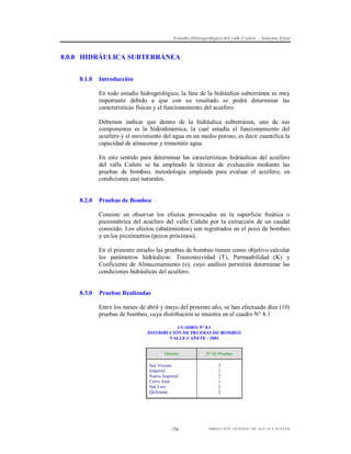 Estudio Hidrogeológico del valle Cañete – Informe Final

8.0.0 HIDRÁULICA SUBTERRÁNEA
8.1.0

Introducción
En todo estudio hidrogeológico, la fase de la hidráulica subterránea es muy
importante debido a que con su resultado se podrá determinar las
características físicas y el funcionamiento del acuífero.
Debemos indicar que dentro de la hidráulica subterránea, uno de sus
componentes es la hidrodinámica, la cual estudia el funcionamiento del
acuífero y el movimiento del agua en un medio poroso, es decir cuantifica la
capacidad de almacenar y transmitir agua.
En este sentido para determinar las características hidráulicas del acuífero
del valle Cañete se ha empleado la técnica de evaluación mediante las
pruebas de bombeo, metodología empleada para evaluar el acuífero; en
condiciones casi naturales.

8.2.0

Pruebas de Bombeo
Consiste en observar los efectos provocados en la superficie freática o
piezométrica del acuífero del valle Cañete por la extracción de un caudal
conocido. Los efectos (abatimientos) son registrados en el pozo de bombeo
y en los piezómetros (pozos próximos).
En el presente estudio las pruebas de bombeo tienen como objetivo calcular
los parámetros hidráulicos: Transmisividad (T), Permeabilidad (K) y
Coeficiente de Almacenamiento (s); cuyo análisis permitirá determinar las
condiciones hidráulicas del acuífero.

8.3.0

Pruebas Realizadas
Entre los meses de abril y mayo del presente año, se han efectuado diez (10)
pruebas de bombeo, cuya distribución se muestra en el cuadro N° 8.1
CUADRO N° 8.1
DISTRIBUCIÓN DE PRUEBAS DE BOMBEO
VALLE CAÑETE - 2001

Distrito
San Vicente
Imperial
Nuevo Imperial
Cerro Azul
San Luis
Quilmaná

-74-

N° de Pruebas
3
1
2
1
1
2

DIRECCIÓN GENERAL DE AGUAS Y SUELOS

 