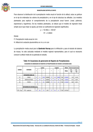 ESTUDIO HIDROLÓGICO
MUNICIPALIDAD DISTRITAL DE MATO
pág. 19
Mejoramiento Del Canal De Riego Cochap – Ancoraca De La Localidad De Ancoraca, Distrito De Mato – Provincia De Huaylas – Ancash
Para observar la distribución de la precipitación media anual en función de la altitud, estas se grafican
en el eje de ordenadas los valores de precipitación y en el eje de abscisas las altitudes. Los modelos
planteados para explicar el comportamiento de la precipitación anual fueron: Lineal, potencial,
exponencial y logarítmico. De los modelos planteados, se obtuvo que el modelo de regresión lineal
simple sea el que mejor se ajusta, por tener un coeficiente de regresión significativo.
y = 16.463x + 434.67
R² = 0.9944
Dónde:
P: Precipitación media anual en mm
H: Altitud de la estación pluviométrica en m.s.n.m con
La precipitación media anual para la Quebrada Racrap para la infiltración y para el estudio de balance
de masas, ha sido calculada mediante el modelo regional representativo, para el cual es necesario
conocer la altitud media de la quebrada en estudio.
Tabla 18: Ecuaciones de generación de Registro de Precipitaciones
Altitud
ESTACIONES BASE (Ei)
E1 CARAZ 9 3 1.001 9.05028 77 49 0.998 77.82 2,286.00 1.52 0.418
E2 HIDROELECTRICA 8 48 12 8.80333 77 50 49 77.85 1,386.00 2.51 0.297
E3 PARON 9 0 32 9.00889 77 41 15 77.69 4,185.00 0.83 0.231
ESTACIONES EN ESTUDIO (E.E.i)
PTO - Cap. PTO - captacion 8 58 13 8.97 77 55 8 77.92 3,475.03
PTO -
Cap.
" º ' " Media
Factor de Correccion
PTO -
Cap.
ECUACIONES DE GENERACION DE REGISTRO DE PRECIPITACIONES EN FUNCION A ESTACIONES BASE
Latitud Longitud
CODIGO ESTACION
º '
 