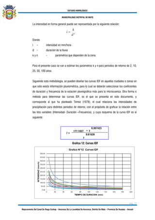 ESTUDIO HIDROLÓGICO
MUNICIPALIDAD DISTRITAL DE MATO
pág. 25
Mejoramiento Del Canal De Riego Cochap – Ancoraca De La Localidad De Ancoraca, Distrito De Mato – Provincia De Huaylas – Ancash
La intensidad en forma general puede ser representada por la siguiente relación:
n
d
k
i =
Donde:
i - intensidad en mm/hora
d - duración de la lluvia
k y n - parámetros que dependen de la zona.
Para el presente caso se van a estimar los parámetros k y n para periodos de retorno de 2, 10,
25, 50, 100 años.
Siguiendo esta metodología, se pueden diseñar las curvas IDF en aquellas ciudades o zonas en
que sólo exista información pluviométrica, para lo cual se deberán seleccionar los coeficientes
de duración y frecuencia de la estación pluviográfica más para la microcuenca. Otra forma o
método para determinar las curvas IDF, es el que se presenta en este documento, y
corresponde al que ha planteado Témez (1978), el cual relaciona las intensidades de
precipitación para distintos períodos de retorno, con el propósito de graficar la relación entre
las tres variables (Intensidad- Duración –Frecuencia), y cuyo esquema de la curva IDF es el
siguiente:
177.1937 * T
0.61639
0.307423
I =
t
Grafica 12: Curvas IDF
 