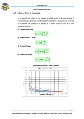 ESTUDIO HIDROLÓGICO
MUNICIPALIDAD DISTRITAL DE MATO
pág. 26
Mejoramiento Del Canal De Riego Cochap – Ancoraca De La Localidad De Ancoraca, Distrito De Mato – Provincia De Huaylas – Ancash
7.4.2 Calculo del Tiempo de Concentración
En el desarrollo del método se han realizado un análisis crítico de diversas fórmulas. El
principal problema era dilucidar el verdadero significado del tiempo que definen y si ese tiempo
es el adecuado para utilizarlo en los cálculos de la fórmula racional a través de la curva
intensidad – duración.
a) Formula Californiana
b) Formula Ventura Y Heras
c) Formula Chereque
d) Formula De Kirpich
Grafica 13: Curvas IDF – Pto de Captación






= 385.0
77.0
000325.0
S
L
tc
385.03
871.0 





=
H
L
tc






=
J
A
Tc 05.0
77.0
066.0 





=
J
L
Tc
 