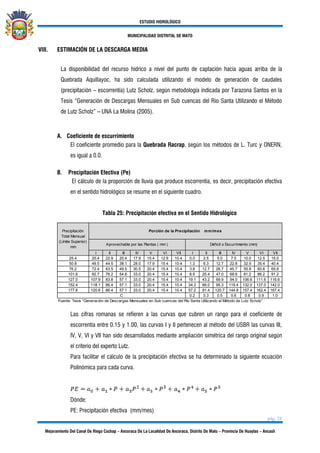 ESTUDIO HIDROLÓGICO
MUNICIPALIDAD DISTRITAL DE MATO
pág. 28
Mejoramiento Del Canal De Riego Cochap – Ancoraca De La Localidad De Ancoraca, Distrito De Mato – Provincia De Huaylas – Ancash
VIII. ESTIMACIÓN DE LA DESCARGA MEDIA
La disponibilidad del recurso hídrico a nivel del punto de captación hacia aguas arriba de la
Quebrada Aquillayoc, ha sido calculada utilizando el modelo de generación de caudales
(precipitación – escorrentía) Lutz Scholz, según metodología indicada por Tarazona Santos en la
Tesis “Generación de Descargas Mensuales en Sub cuencas del Río Santa Utilizando el Método
de Lutz Scholz” – UNA La Molina (2005).
A. Coeficiente de escurrimiento
El coeficiente promedio para la Quebrada Racrap, según los métodos de L. Turc y ONERN,
es igual a 0.0.
B. Precipitación Efectiva (Pe)
El cálculo de la proporción de lluvia que produce escorrentía, es decir, precipitación efectiva
en el sentido hidrológico se resume en el siguiente cuadro.
Tabla 25: Precipitación efectiva en el Sentido Hidrológico
I II III IV V VI VII I II III IV V VI VII
25.4 25.4 22.9 20.4 17.9 15.4 12.9 10.4 0.0 2.5 5.0 7.5 10.0 12.5 15.0
50.8 49.5 44.5 38.1 28.0 17.9 15.4 10.4 1.3 6.3 12.7 22.8 32.9 35.4 40.4
76.2 72.4 63.5 49.5 30.5 20.4 15.4 10.4 3.8 12.7 26.7 45.7 55.8 60.8 65.8
101.6 92.7 76.2 54.6 33.0 20.4 15.4 10.4 8.9 25.4 47.0 68.6 81.2 86.2 91.2
127.0 107.9 83.8 57.1 33.0 20.4 15.4 10.4 19.1 43.2 69.9 94.0 106.6 111.6 116.6
152.4 118.1 86.4 57.1 33.0 20.4 15.4 10.4 34.3 66.0 95.3 119.4 132.0 137.0 142.0
177.8 120.6 86.4 57.1 33.0 20.4 15.4 10.4 57.2 91.4 120.7 144.8 157.4 162.4 167.4
0.2 0.3 0.5 0.6 0.8 0.9 1.0
Fuente: Tesis “Generación de Descargas Mensuales en Sub cuencas del Río Santa Utilizando el Método de Lutz Scholz”
PRECIPITACION EFECTIVA EN EL SENTIDO HIDROLOGICO
CUADRO N° 15
Déficit o Escurrimiento (mm)
Precipitación
Total Mensual
(Límite Superior)
mm
C
Aprovechable por las Plantas ( mm )
Porción de la Precipitación mm/mes
Las cifras romanas se refieren a las curvas que cubren un rango para el coeficiente de
escorrentía entre 0.15 y 1.00, las curvas I y II pertenecen al método del USBR las curvas III,
IV, V, VI y VII han sido desarrollados mediante ampliación simétrica del rango original según
el criterio del experto Lutz.
Para facilitar el cálculo de la precipitación efectiva se ha determinado la siguiente ecuación
Polinómica para cada curva.
Dónde:
PE: Precipitación efectiva (mm/mes)
 