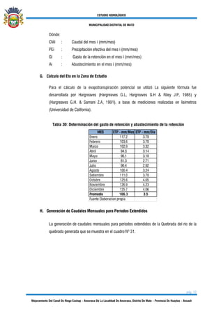 ESTUDIO HIDROLÓGICO
MUNICIPALIDAD DISTRITAL DE MATO
pág. 32
Mejoramiento Del Canal De Riego Cochap – Ancoraca De La Localidad De Ancoraca, Distrito De Mato – Provincia De Huaylas – Ancash
Dónde:
CMi : Caudal del mes i (mm/mes)
PEi : Precipitación efectiva del mes i (mm/mes)
Gi : Gasto de la retención en el mes i (mm/mes)
Ai : Abastecimiento en el mes i (mm/mes)
G. Cálculo del Eto en la Zona de Estudio
Para el cálculo de la evapotranspiración potencial se utilizó La siguiente fórmula fue
desarrollada por Hargreaves (Hargreaves G.L, Hargreaves G.H & Riley J.P, 1985) y
(Hargreaves G.H. & Samani Z.A, 1991), a base de mediciones realizadas en lisímetros
(Universidad de California).
Tabla 30: Determinación del gasto de retención y abastecimiento de la retención
MES ETP - mm/Mes ETP - mm/Dia
Enero 117.2 3.78
Febrero 103.6 3.70
Marzo 102.9 3.32
Abril 94.3 3.14
Mayo 96.1 3.10
Junio 81.3 2.71
Julio 90.4 2.92
Agosto 100.4 3.24
Setiembre 111.0 3.70
Octubre 125.6 4.05
Noviembre 126.9 4.23
Diciembre 125.7 4.06
Promedio 106.3 3.5
Fuente Elaboracion propia
H. Generación de Caudales Mensuales para Períodos Extendidos
La generación de caudales mensuales para períodos extendidos de la Quebrada del rio de la
quebrada generada que se muestra en el cuadro Nº 31.
 