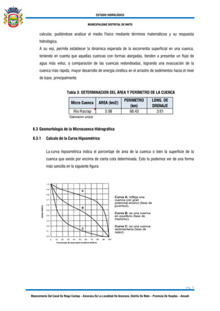 ESTUDIO HIDROLÓGICO
MUNICIPALIDAD DISTRITAL DE MATO
pág. 8
Mejoramiento Del Canal De Riego Cochap – Ancoraca De La Localidad De Ancoraca, Distrito De Mato – Provincia De Huaylas – Ancash
calcular, pudiéndose analizar el medio Físico mediante términos matemáticos y su respuesta
hidrológica.
A su vez, permite establecer la dinámica esperada de la escorrentía superficial en una cuenca,
teniendo en cuenta que aquellas cuencas con formas alargadas, tienden a presentar un flujo de
agua más veloz, a comparación de las cuencas redondeadas, logrando una evacuación de la
cuenca más rápida, mayor desarrollo de energía cinética en el arrastre de sedimentos hacia el nivel
de base, principalmente.
Tabla 3: DETERMINACION DEL ÁREA Y PERÍMETRO DE LA CUENCA
Rio Racrap 5.98 68.43 3.61
Elaboracion propia
Micro Cuenca AREA (km2)
PERIMETRO
(km)
LONG. DE
DRENAJE
6.3 Geomorfología de la Microcuenca Hidrográfica
6.3.1 Calculo de la Curva Hipsométrica
La curva hipsométrica indica el porcentaje de área de la cuenca o bien la superficie de la
cuenca que existe por encima de cierta cota determinada. Esto lo podemos ver de una forma
más sencilla en la siguiente figura:
 