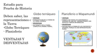 Estudio para
Prueba de Historia
Deben saber, las
representaciones de
la Tierra
-Globo Terráqueo
- Planisferio
VENTAJAS Y
DESVENTAJAS
 
