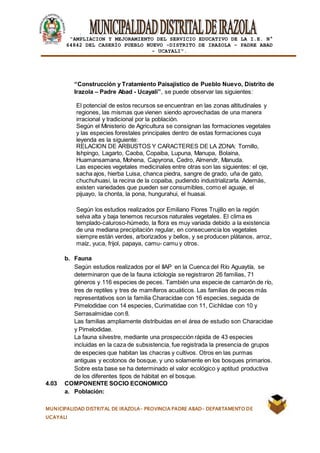 |
“AMPLIACION Y MEJORAMIENTO DEL SERVICIO EDUCATIVO DE LA I.E. N°
64842 DEL CASERÍO PUEBLO NUEVO -DISTRITO DE IRAZOLA – PADRE ABAD
- UCAYALI”.
MUNICIPALIDAD DISTRITAL DE IRAZOLA- PROVINCIA PADRE ABAD- DEPARTAMENTO DE
UCAYALI
“Construcción y Tratamiento Paisajístico de Pueblo Nuevo, Distrito de
Irazola – Padre Abad - Ucayali”, se puede observar las siguientes:
El potencial de estos recursos se encuentran en las zonas altitudinales y
regiones, las mismas que vienen siendo aprovechadas de una manera
irracional y tradicional por la población.
Según el Ministerio de Agricultura se consignan las formaciones vegetales
y las especies forestales principales dentro de estas formaciones cuya
leyenda es la siguiente:
RELACION DE ARBUSTOS Y CARACTERES DE LA ZONA: Tornillo,
Ishpingo, Lagarto, Caoba, Copaiba, Lupuna, Manupa, Bolaina,
Huamansamana, Mohena, Capyrona, Cedro, Almendr, Manuda.
Las especies vegetales medicinales entre otras son las siguientes: el oje,
sacha ajos, hierba Luisa, chanca piedra, sangre de grado, uña de gato,
chuchuhuasi, la recina de la copaiba, pudiendo industrializarla. Además,
existen variedades que pueden ser consumibles, como el aguaje, el
pijuayo, la chonta, la pona, hungurahui, el huasai.
Según los estudios realizados por Emiliano Flores Trujillo en la región
selva alta y baja tenemos recursos naturales vegetales. El clima es
templado-caluroso-húmedo, la flora es muy variada debido a la existencia
de una mediana precipitación regular, en consecuencia los vegetales
siempre están verdes, arborizados y bellos, y se producen plátanos, arroz,
maíz, yuca, frijol, papaya, camu- camu y otros.
b. Fauna
Según estudios realizados por el IIAP en la Cuenca del Río Aguaytía, se
determinaron que de la fauna ictiología se registraron 26 familias, 71
géneros y 116 especies de peces. También una especie de camarón de río,
tres de reptiles y tres de mamíferos acuáticos. Las familias de peces más
representativos son la familia Characidae con 16 especies, seguida de
Pimelodidae con 14 especies, Curimatidae con 11, Cichlidae con 10 y
Serrasalmidae con 8.
Las familias ampliamente distribuidas en el área de estudio son Characidae
y Pimelodidae.
La fauna silvestre, mediante una prospección rápida de 43 especies
incluidas en la caza de subsistencia, fue registrada la presencia de grupos
de especies que habitan las chacras y cultivos. Otros en las purmas
antiguas y ecotonos de bosque, y uno solamente en los bosques primarios.
Sobre esta base se ha determinado el valor ecológico y aptitud productiva
de los diferentes tipos de hábitat en el bosque.
4.03 COMPONENTE SOCIO ECONOMICO
a. Población:
 