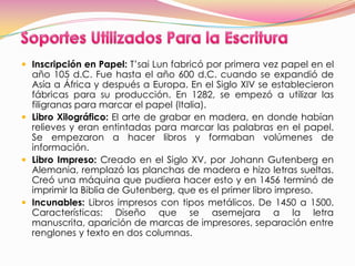  Inscripción en Papel: T’sai Lun fabricó por primera vez papel en el
  año 105 d.C. Fue hasta el año 600 d.C. cuando se expandió de
  Asía a África y después a Europa. En el Siglo XIV se establecieron
  fábricas para su producción. En 1282, se empezó a utilizar las
  filigranas para marcar el papel (Italia).
 Libro Xilográfico: El arte de grabar en madera, en donde habían
  relieves y eran entintadas para marcar las palabras en el papel.
  Se empezaron a hacer libros y formaban volúmenes de
  información.
 Libro Impreso: Creado en el Siglo XV, por Johann Gutenberg en
  Alemania, remplazó las planchas de madera e hizo letras sueltas.
  Creó una máquina que pudiera hacer esto y en 1456 terminó de
  imprimir la Biblia de Gutenberg, que es el primer libro impreso.
 Incunables: Libros impresos con tipos metálicos. De 1450 a 1500.
  Características: Diseño que se asemejara a la letra
  manuscrita, aparición de marcas de impresores, separación entre
  renglones y texto en dos columnas.
 