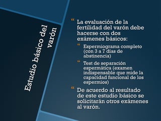 E stu d
i o bá
s ico
d el
va rón



La evaluación de la
fertilidad del varón debe
hacerse con dos
exámenes básicos:






Espermiograma completo
(con 3 a 7 días de
abstinencia)
Test de separación
espermática (examen
indispensable que mide la
capacidad funcional de los
espermios)

De acuerdo al resultado
de este estudio básico se
solicitarán otros exámenes
al varón.

 