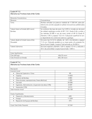 7.8
Cuadro NCuadro NCuadro NCuadro Nº 7.º 7.º 7.º 7.3333
Alternativa Las TrincAlternativa Las TrincAlternativa Las TrincAlternativa Las Trincheras hasta el Mar Caribeheras hasta el Mar Caribeheras hasta el Mar Caribeheras hasta el Mar Caribe
Elementos Característicos
Elemento Características
Toma Bombas verticales con potencia instalada de 17.300 kW, sobre pla-
taforma de concreto apoyada en pilotes troncocónicos prefabricados
hincados.
Tubería hasta La Entrada (605 msnm)
Bombeo
Se combinan dos tipos de acero: los 5.595 m iniciales son de acero
de calidad metalúrgica similar al API 5 LX Grado X-46 o similar y
los restantes 25.580 m son de acero similar al API 5L Grado B.
Diámetro 1,90 m y espesor 13,5 mm. Colocación superficial en zan-
ja dependiendo de condiciones externas y geología.
Tubería desde la Entrada hasta el Mar
Gravedad
De acero tipo 5L Gr B, soldada, de 1,60 m de diámetro y espesor
11,5 mm. Colocada paralela en su mayor parte a la autopista Va-
lencia-Puerto Cabello. Longitud Total estimada en 26.000 m.
Tubería Submarina De acero especial y diámetro 1,60 m, espesor 12 mm y colocada a
50 m de profundidad. Longitud aproximada 1.000 m.
Cotas Significativas
Cota del Lago 406,70 msnm
Cota Divisoria La Entrada 605, 00 msnm
Cuadro Nº 7.Cuadro Nº 7.Cuadro Nº 7.Cuadro Nº 7.4444
Alternativa Las Trincheras hasta el Mar CaribeAlternativa Las Trincheras hasta el Mar CaribeAlternativa Las Trincheras hasta el Mar CaribeAlternativa Las Trincheras hasta el Mar Caribe
Descripción
Inversión Inicial
• Obras de Captación o Toma 80
• Tuberías 14.822
• Estación de Bombeo 3.884
• Otros (accesos, expropiaciones, líneas eléctricas) 1.300
• Sub-total 20.086
• Ingeniería, Administración y Supervisión de obras (10%) 2.009
• Imprevistos (15%) 3.013
Total Inversión Inicial 25.108
Costos Capitalizados
• Operación y Mantenimiento 628
• Energía 11.658
• Reposición de Equipos de Bombeo 375
Costo Total (Valor Presente) 37.769
 