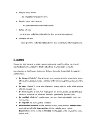 Relojito: reloj: lexema
ito: sufijo (desinencia) diminutivo.
Papeles: papel: raíz o lexema
es: gramema nominal de numero plural
Saltas: salt: raíz
as: gramema verbal de modo subjetivo 1era persona sing. presente.
Amemos: am: raíz
Emos: gramema verbal de modo subjetivo 1era persona plural tiempo presente.
EL ADVERBIO
El adverbio es la parte de la palabra que complementa, modifica, define y precisa el
significado del verbo, el adjetivo de otro adverbio o de una oración completa.
Los adverbios se clasifican en: de tiempo, de lugar, de modo, de cantidad, de negación y
pronominales.
De tiempo: (¿Cuándo?): hoy, anteayer, ayer, mañana, anoche, anteanoche, ahora,
otrora, antes, después, luego, entonces, tarde, temprano, pronto, presto, siempre,
etc.
De lugar: (¿Dónde?): cerca, lejos, alrededor, afuera, adentro, arriba, abajo, encima,
ahí, allí, allá, acá, etc.
De modo: (¿Cómo?): bien, mal, mejor, peor, así, apenas, quedo. Las palabras que
terminan en mente son adverbios de modo: ligeramente, ágilmente, etc.
De cantidad: (¿Cuánto?): mucho, poco, mas, muy, harto, demasiado, tanto, tan,
menos, mas.
De negación: no, nunca, jamás, tampoco.
Pronominales: relativos: donde, adonde, cuando, como, cuanto. Demostrativos:
aquí, acá, ahí, allí, allá. Interrogativos: dónde, cuándo, cómo, cuánto.
Exclamativos: cómo, cuánto. Indefinidos: mucho, poco, tanto, tan, cuanto, cuan,
medio, muy.
 