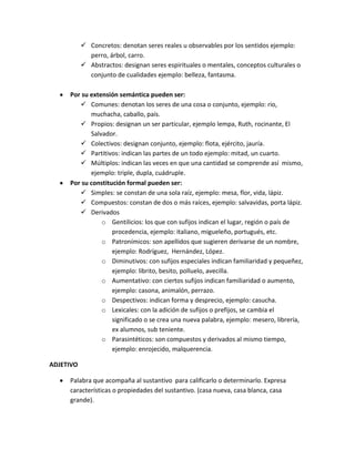  Concretos: denotan seres reales u observables por los sentidos ejemplo:
perro, árbol, carro.
 Abstractos: designan seres espirituales o mentales, conceptos culturales o
conjunto de cualidades ejemplo: belleza, fantasma.
Por su extensión semántica pueden ser:
 Comunes: denotan los seres de una cosa o conjunto, ejemplo: rio,
muchacha, caballo, país.
 Propios: designan un ser particular, ejemplo lempa, Ruth, rocinante, El
Salvador.
 Colectivos: designan conjunto, ejemplo: flota, ejército, jauría.
 Partitivos: indican las partes de un todo ejemplo: mitad, un cuarto.
 Múltiplos: indican las veces en que una cantidad se comprende así mismo,
ejemplo: triple, dupla, cuádruple.
Por su constitución formal pueden ser:
 Simples: se constan de una sola raíz, ejemplo: mesa, flor, vida, lápiz.
 Compuestos: constan de dos o más raíces, ejemplo: salvavidas, porta lápiz.
 Derivados
o Gentilicios: los que con sufijos indican el lugar, región o país de
procedencia, ejemplo: italiano, migueleño, portugués, etc.
o Patronímicos: son apellidos que sugieren derivarse de un nombre,
ejemplo: Rodríguez, Hernández, López.
o Diminutivos: con sufijos especiales indican familiaridad y pequeñez,
ejemplo: librito, besito, polluelo, avecilla.
o Aumentativo: con ciertos sufijos indican familiaridad o aumento,
ejemplo: casona, animalón, perrazo.
o Despectivos: indican forma y desprecio, ejemplo: casucha.
o Lexicales: con la adición de sufijos o prefijos, se cambia el
significado o se crea una nueva palabra, ejemplo: mesero, librería,
ex alumnos, sub teniente.
o Parasintéticos: son compuestos y derivados al mismo tiempo,
ejemplo: enrojecido, malquerencia.
ADJETIVO
Palabra que acompaña al sustantivo para calificarlo o determinarlo. Expresa
características o propiedades del sustantivo. (casa nueva, casa blanca, casa
grande).
 