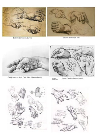 Estudio de manos, Durero                    Estudio de manos, Van




Dibujo mano a lápiz, Cath Riley (hiperrealismo)   Estudio Fialetti (trabajo con trama)
 