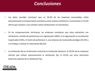 Conclusiones

•   Los datos reunidos concluyen que un 53,2% de las empresas encuestadas utiliza
    exclusivamente la compensación económica como sistema retributivo y únicamente un 19,1%
    afirma que siempre o casi siempre utiliza retribuciones no económicas.


•   En las compensaciones intrínsecas, las empresas consideran que estos elementos son
    retributivos: sentido de pertenencia a la organización (40%), si la organización es socialmente
    responsable (52%), el hecho de pertenecer a una empresa de reconocido prestigio (55,5%) y
    si el trabajo a realizar es interesante (64,2%).


•   La retribución fija es el elemento central de la retribución dineraria. El 29,5% de las empresas
    afirman que utilizan exclusivamente la retribución fija, el 41,6% usa otros elementos
    dinerarios además de la retribución fija.
 